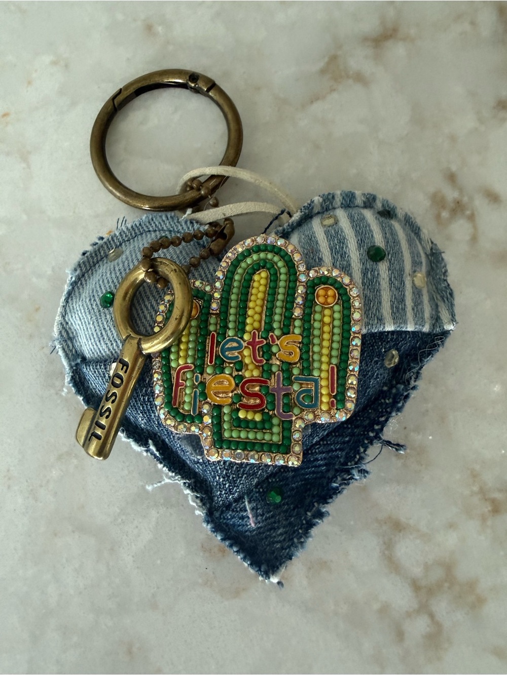 Fossil Multicolor Beaded Cactus 'Let's Fiesta' Keyring with Denim Heart